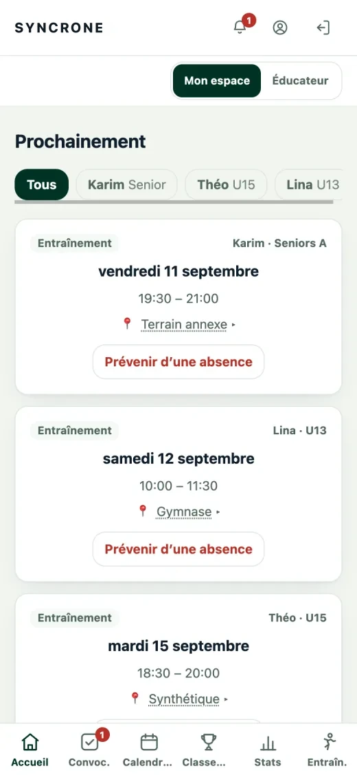 Accueil de l'app licenciés : les prochains matchs et entraînements des enfants du foyer, dans l'ordre chronologique.