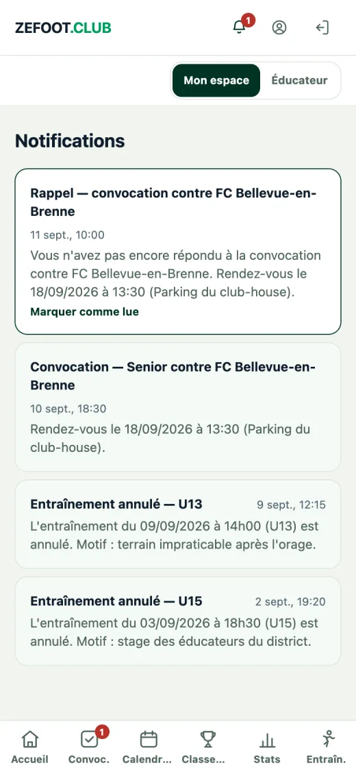 Centre de notifications de l'app : convocations envoyées, modifiées, relances et matchs annulés.