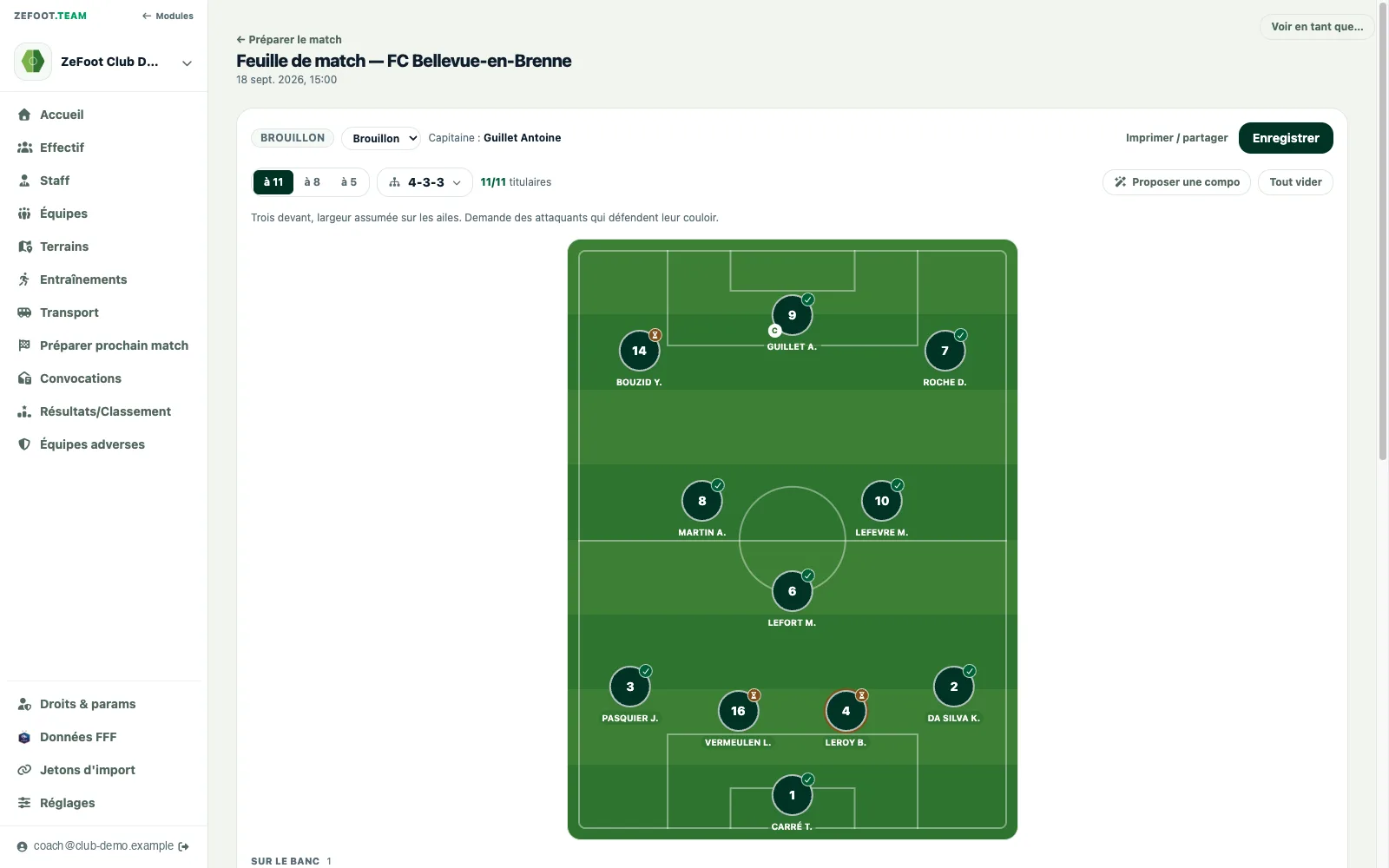 Composition d'équipe sur un terrain : onze de départ placé selon la formation choisie, remplaçants et capitaine.