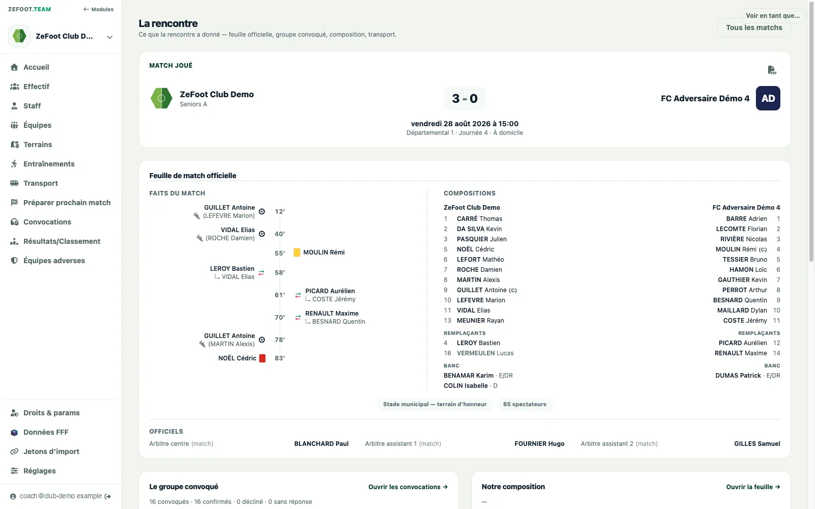 Page d'une rencontre jouée : score officiel, déroulé des buts et des cartons minute par minute et compositions des deux équipes.